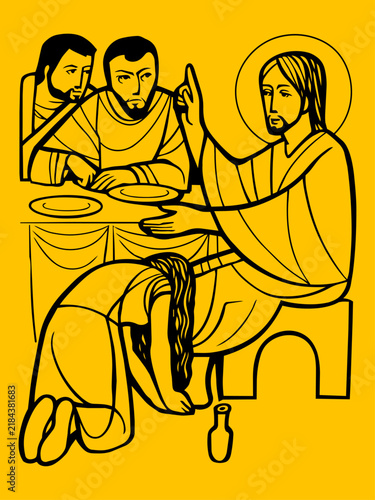 Bild auf Leinwand A minimalist black line-art illustration on yellow of Mary Magdalene anointing the feet of Jesus while he sits at a table with disciples