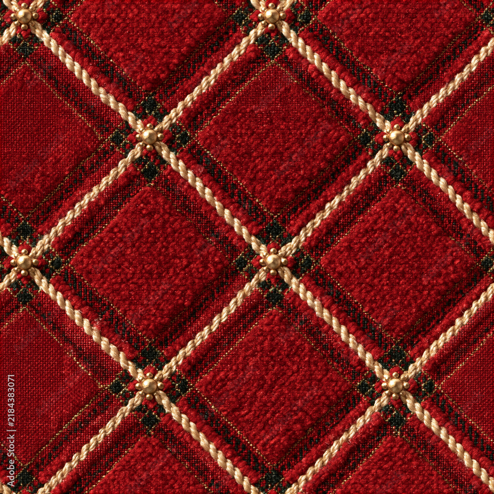Obraz premium Seamless pattern red velvet upholstery forming a quilted diamond pattern, featuring decorative gold ropes and metallic studs, showcasing a rich texture
