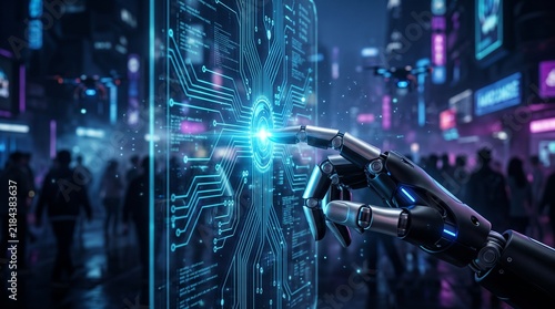 Robotic Hand Touching Holographic AI Interface in Futuristic Cyberpunk City