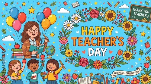 Happy Teacher's Day Colorful Cartoon with Teacher, Students, Flowers and Balloons