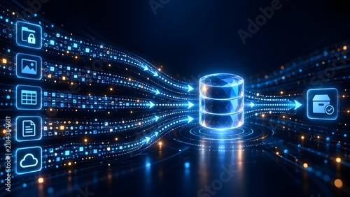 Obraz na płótnie Digital processing pipeline consolidating multiple data streams into a central database for secure package delivery