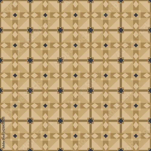Geometric pattern with beige and dark brown diamond and star shapes. Repeating design features symmetry and structured elegance. Ideal for interiors, textiles, or modern graphic backgrounds