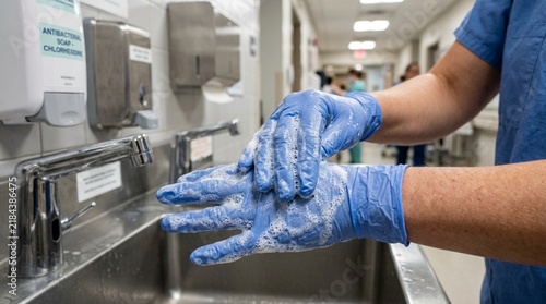 Healthcare worker washing hands with soap and water in hospital sink