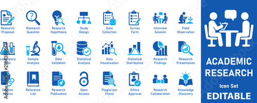 Academic Research icon set. Includes symbols for Survey Form, Data Collection, Laboratory Test, and Citation Source. Solid vector icons for science education apps.