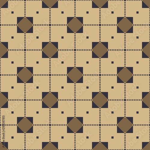Geometric pattern with beige and dark brown squares. Dotted lines form a consistent grid structure. Modern design for wallpaper or textile applications. Neutral tones create a calm