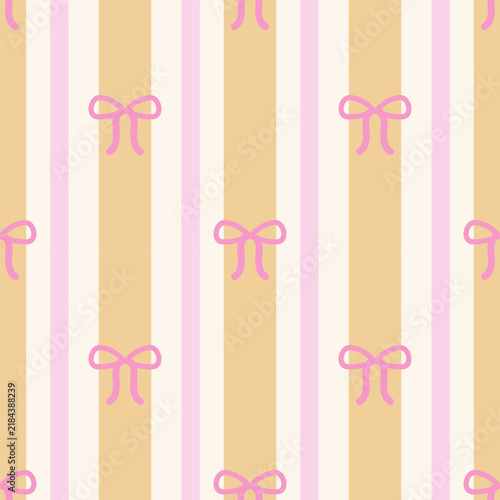 Cute Pink Bow Seamless Pattern with Beige and Cream Stripes