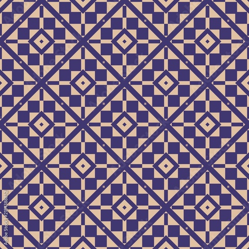 Geometric pattern features interlocking diamond shapes. Bold navy lines form a repeating, elegant grid design. Each diamond contains a smaller centered square motif