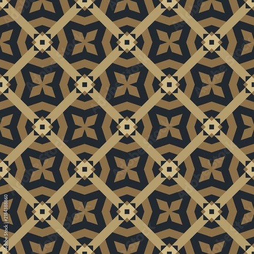 Geometric pattern features interlocking gold and black shapes. Symmetrical design repeats seamlessly across the surface. Modern aesthetic suits interiors, textiles, or branding