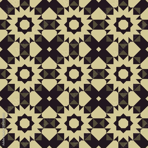 Geometric pattern features repeating black and beige shapes. Symmetrical design includes stars and diamond-like forms. Pattern alternates between bold and subtle geometric elements