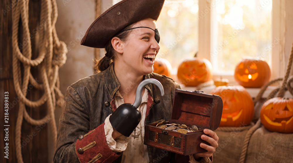 Fototapeta premium A person in a pirate costume laughs at a festive Halloween holiday party, adding fun spooky autumn October celebration energy for seasonal marketing.