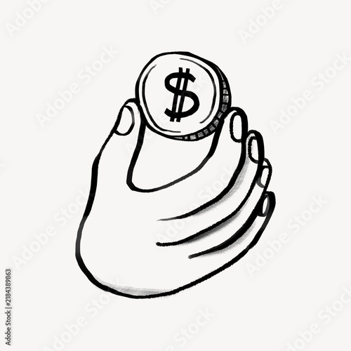 Hand holding coin, consumerism doodle