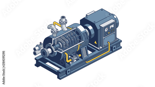 Detailed Isometric Illustration of a Steam Turbine Engine.