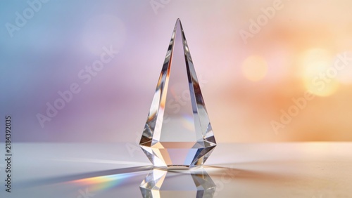 Shimmering crystal trophy standing on reflective surface with sunset glow