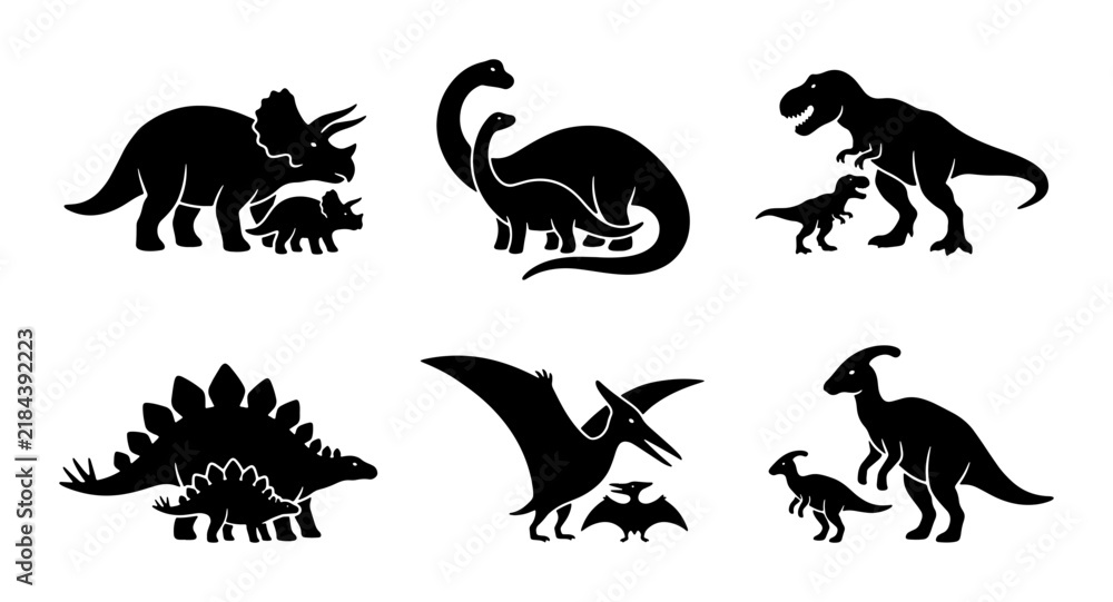 Obraz premium Dinosaur Family Silhouettes, Prehistoric Creatures Vector Icons, Jurassic Era Wildlife Graphics
