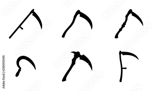 Foto Grim Reaper Scythe Icons, Death Symbol Vector Set, Halloween Weapon Silhouettes,