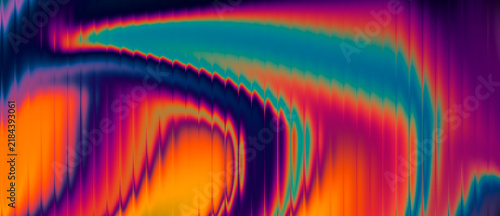 Fluid iridescent liquid texture displaying wavy patterns of neon orange purple and cyan light for psychedelic visual arts and futuristic technology branding.