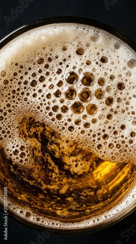 Macro top view of fresh craft beer with thick white foam head and carbonated bubbles in glass
