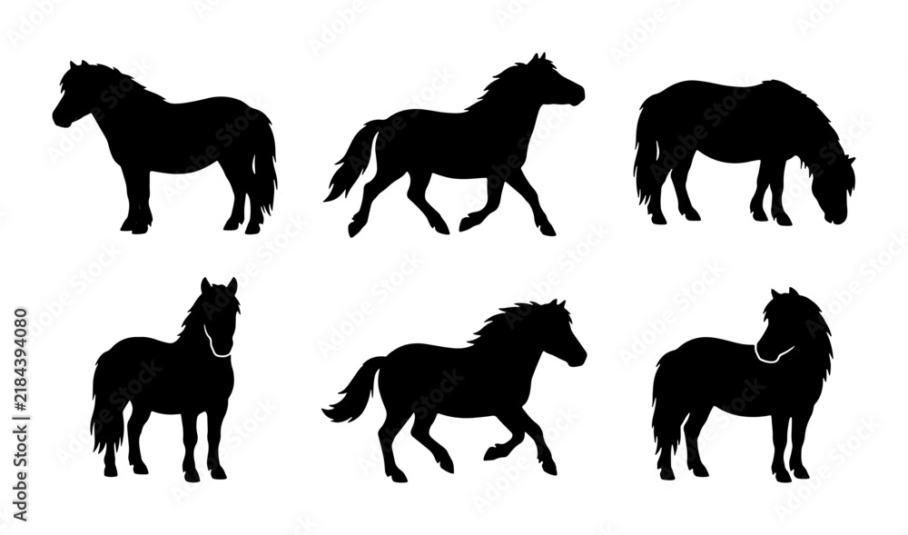 Fototapeta premium Six Black Horse Silhouettes, Equine Vector Icons, Equestrian Animal Graphics
