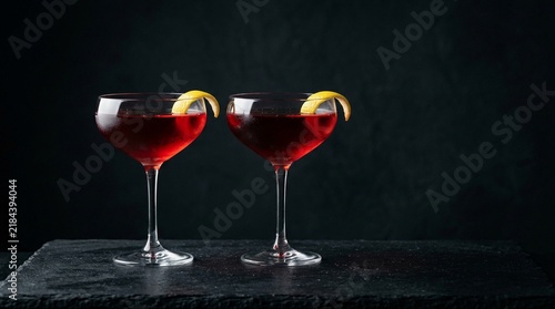 Two elegant red cocktails with citrus lemon twist garnish served on a dark stone board with moody atmospheric lighting.