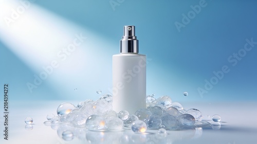 Elegant skincare spray bottle emerging from icy crystals with soft natural light