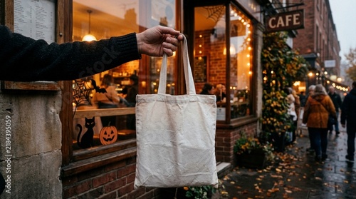 Hand holding blank white canvas tote bag mockup in front of a cozy cafe with Halloween window decorations during autumn.
