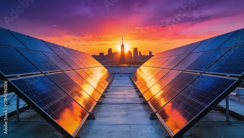 Futuristic solar panels pathway leading to city skyline at sunset
