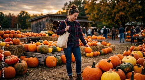 Happy Young Woman Selecting Fresh Orange Pumpkins at an Outdoor Farm Market During Autumn Harvest Season at Golden Hour