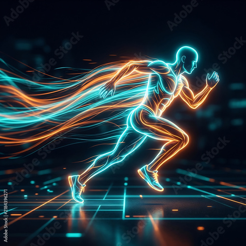 5. Dynamic Neon Athlete Running Forward, Speed, Fitness Training and Sports Performance Concept