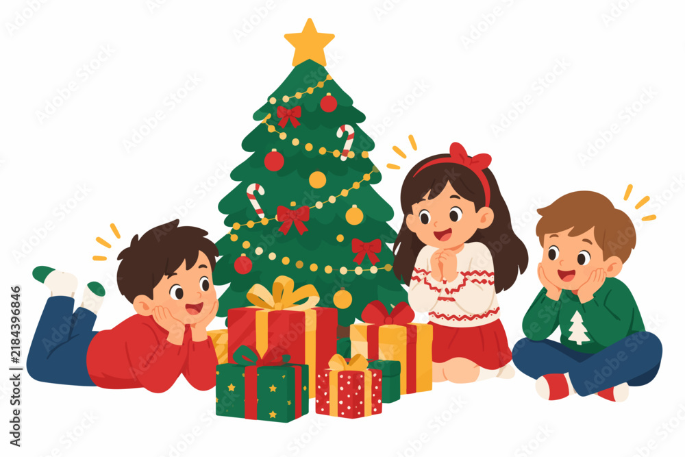 Fototapeta premium Excited Kids Await Christmas Gifts: impatient children waiting eagerly to open holiday gifts, sitting near a decorated Christmas tree with wrapped presents, excited and restless expressions