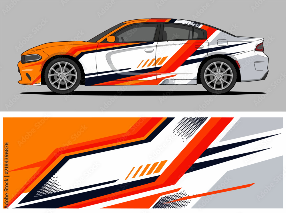 Fototapeta premium White car with dynamic orange and black racing stripes.