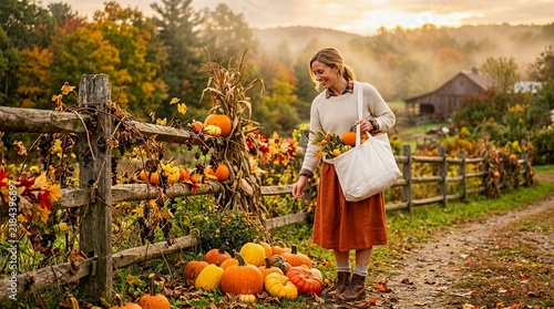 Happy woman carrying autumn pumpkins in a bag on a misty rural farm with fall foliage and rustic wooden fence at sunrise.