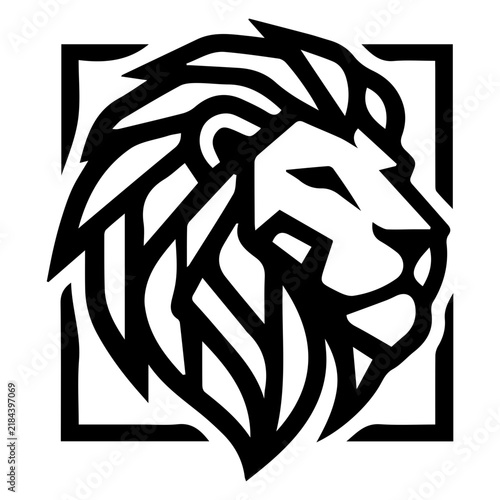 Stylized lion head vector logo with geometric mane lines, representing leadership and power in a square border.
