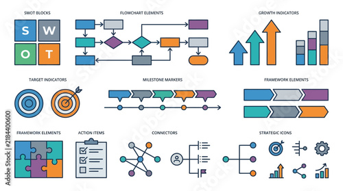 Collection of Business Infographic Elements and Icons Representing Strategy, Planning, and Growth