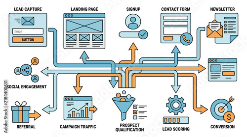 Inbound Marketing Workflow Diagram and Business Sales Pipeline Strategy Vector Illustration