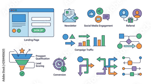 Professional Business Lead Generation and Digital Marketing Strategy Workflow Vector Illustration Set for Online Growth