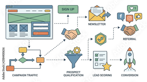 Diagram of marketing funnel components showing lead generation, customer qualification, scoring and business conversion process