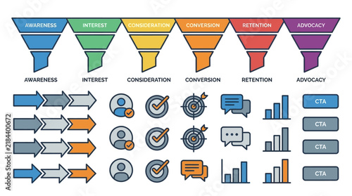 Business marketing strategy vector asset with sales funnel stages and customer journey icons for growth visualization