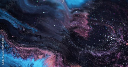 Paint wave. Glitter abstraction. Defocused purple blue pink color marble mix sparkling texture spilling on creative art background.