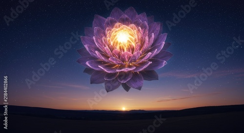 Vibrant Lotus Flower at Sunset Horizon.
