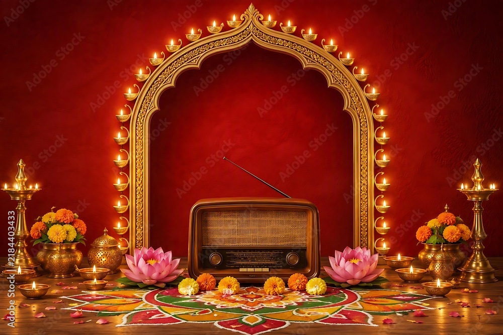 Obraz premium Nostalgic festive background with an antique radio, glowing diyas on a golden archway, pink lotus flowers, and colorful rangoli against a red wall.