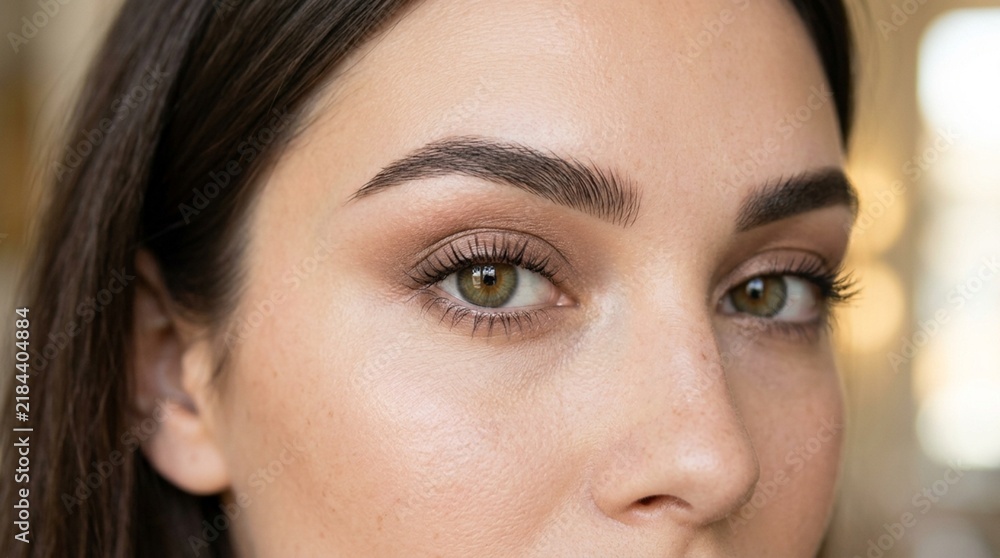 Fototapeta premium Woman's Face Close-up: Natural Beauty, Green Eyes, Defined Brows