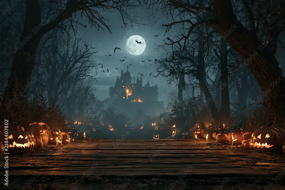 Obraz premium Spooky Halloween night with glowing jack o lanterns lining dark forest path under full moon and bats flying near haunted castle