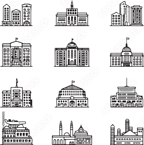 Black and White Landmark Building Icon Collection for Urban Architecture Design Projects