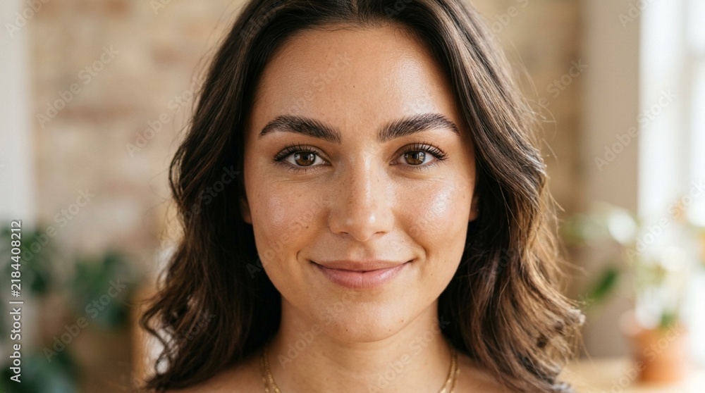 Fototapeta premium Young Woman Smiling, Natural Beauty, Soft Lighting, Close-up Portrait