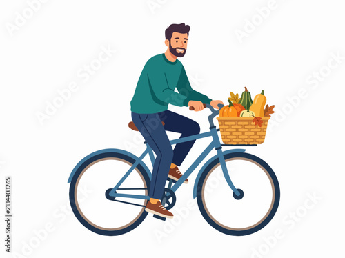 Happy man riding bicycle with autumn harvest basket vector illustration for seasonal market shopping and healthy lifestyle concept