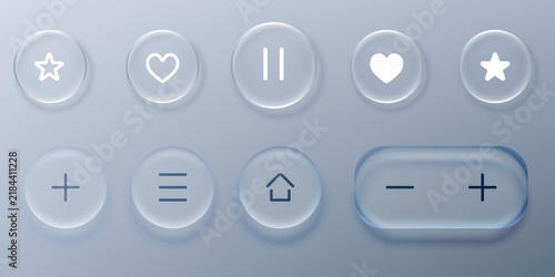 set of liquid glass morphism white elements in various shapes. Transparent glass panel, light frame, smartphone and web application banner with blur effect