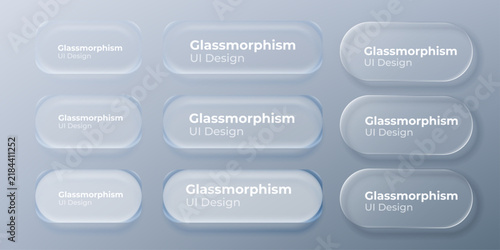 set of liquid glass morphism white elements in various shapes. Transparent glass panel, light frame, smartphone and web application banner with blur effect