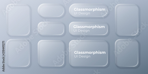 set of liquid glass morphism white elements in various shapes. Transparent glass panel, light frame, smartphone and web application banner with blur effect