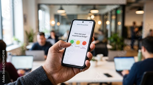 Customer feedback survey on smartphone screen, hand holding mobile phone with satisfaction rating icons, user experience evaluation in modern office environment, service review app