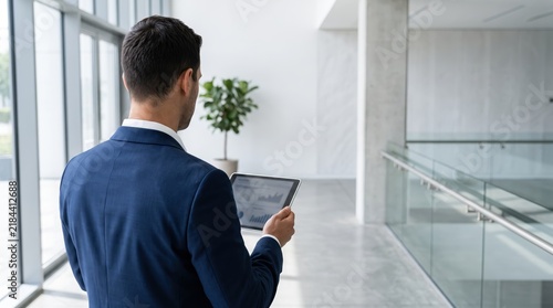 Professional businessman in blue suit holding tablet computer while standing in bright modern office corridor with large windows and glass railings, viewing data analytics.